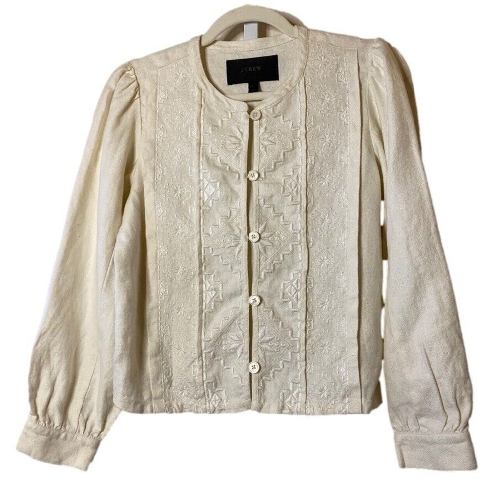 J Crew Linen Embroidered Jacket‎ Womens Sz 2